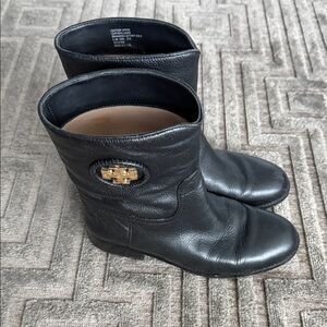 Tory Burch Black Leather Ankle Booties with Gold Logo